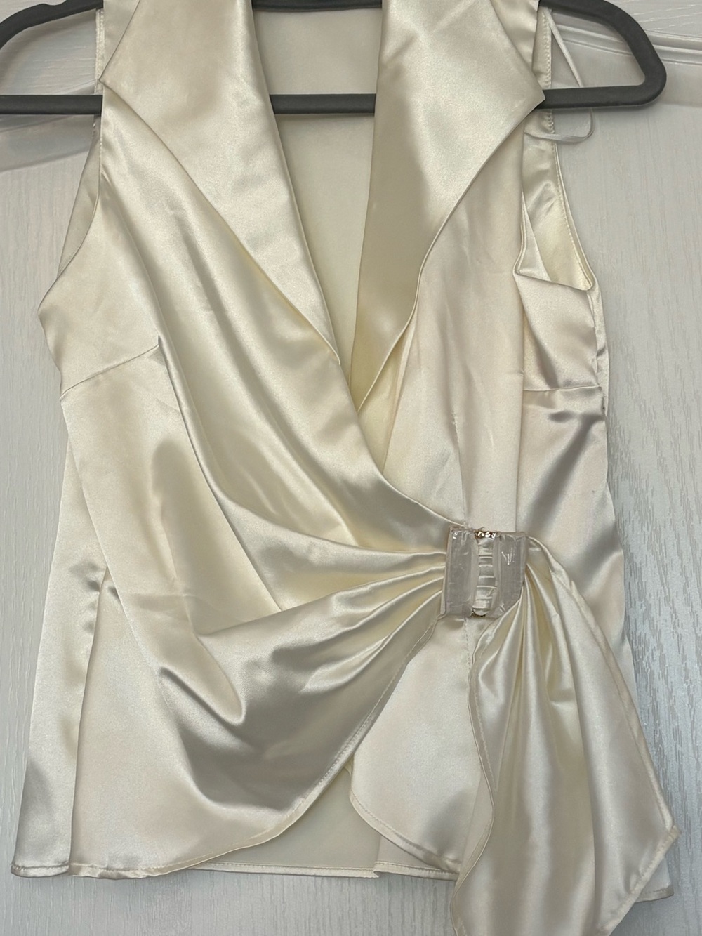 Metaphor Ivory Satin Draped Wrap Top with gold and rhinestone Buckle(covered)
